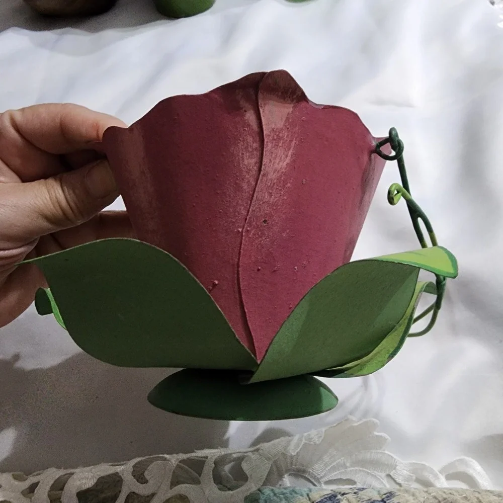 Vintage Hand Painted Metal Pink Flower Basket Tealight Holder Garden Decor